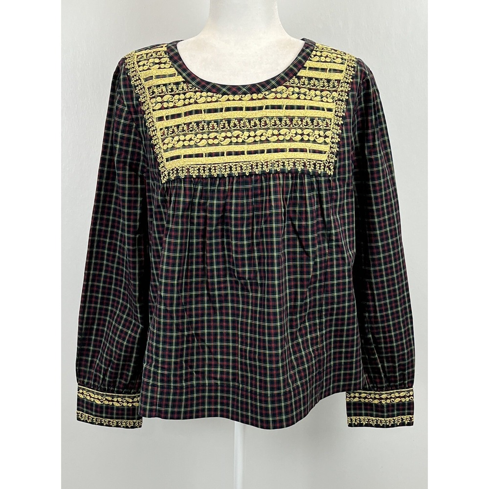 Womens J. Crew Plaid Peasant Blouse Shirt Sz L EUC Gold Embroidery
